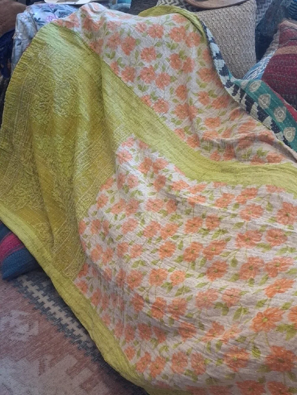 Kantha Floral Patchwork Quilted Bottoms - Multicolor